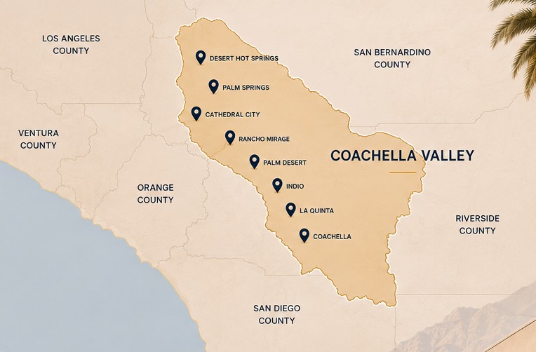 Map of the Coachella Valley service area, including Desert Hot Springs, Palm Springs, Cathedral City, Rancho Mirage, Palm Desert, Indio, La Quinta, and Coachella