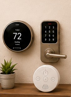Smart thermostat, smart lock, and sensor on a wall