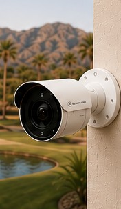 Outdoor security camera overlooking a desert golf course