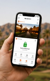 Hand holding a phone showing the Alarm.com app