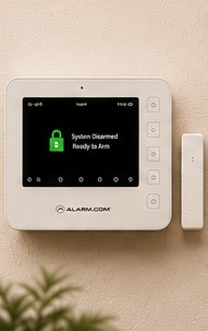 Alarm.com security touchscreen panel mounted on a wall