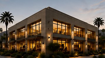 Two story commercial office building at dusk