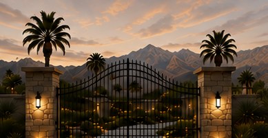 Gated community entrance with stone pillars and palm trees