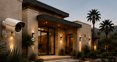 Modern desert home at dusk with a security camera mounted by the entry